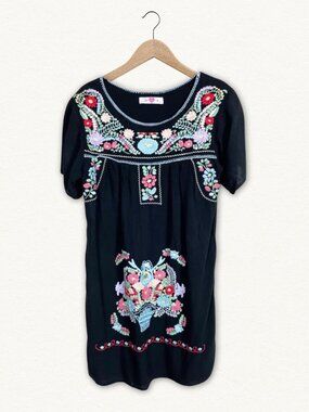 Buddy Love Embroidered Boho Dress Black Floral XS